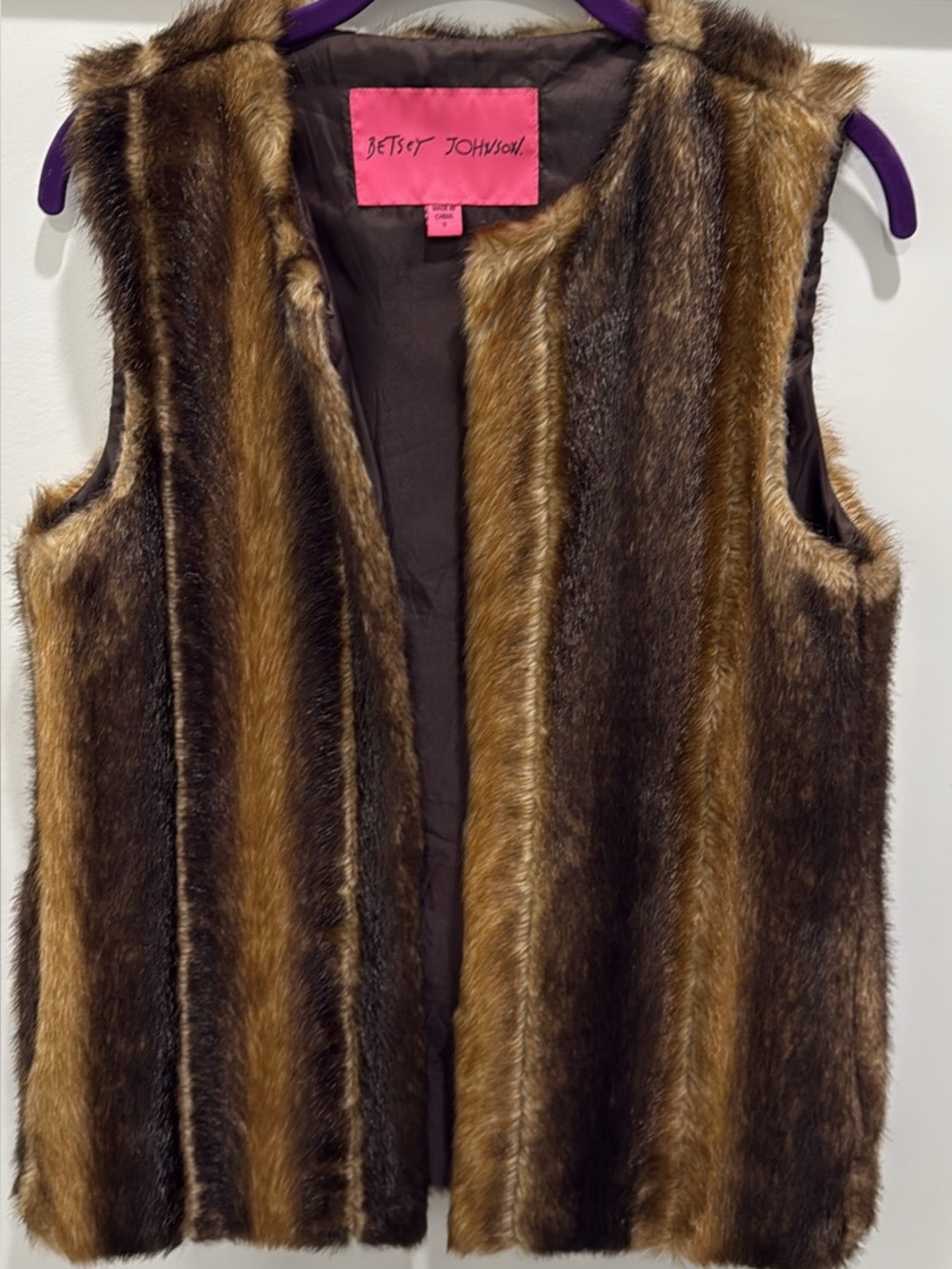 Betsey Johnson Brown Striped Faux Fur Vest